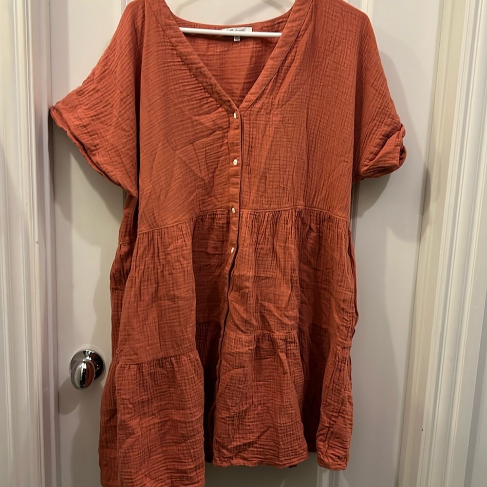 Madewell Lightspun Cuff Sleeve Button Front Tiered Mini Dress